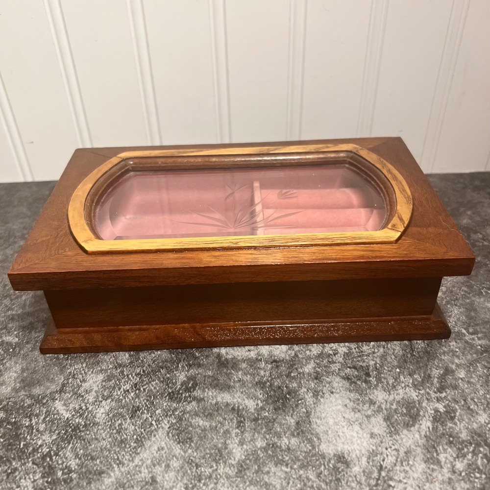 Vintage Mid-Century Wood Jewelry Box Etched Glass